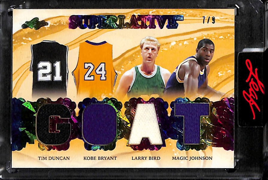 Lot of (3) 2023 Leaf Superlative Basketball Multi Player Patch Cards inc. Duncan/Bryant/Bird/Johnson Quad (#/9), +